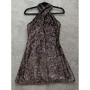 Fab'rik Bronze Sequin Halter Mini Dress Cross Neck Party Cocktail XS